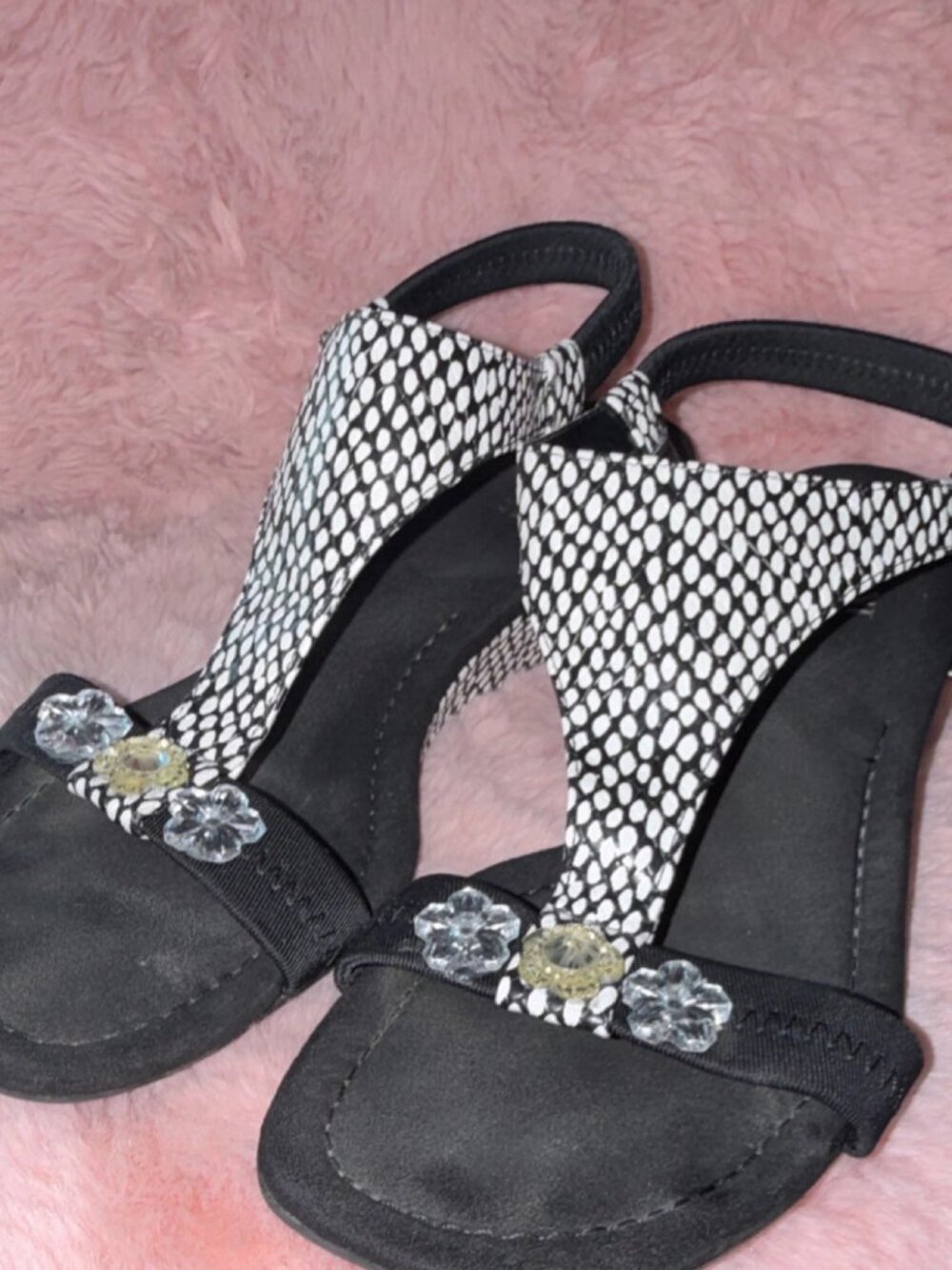 ALF Vacanzaa Black White Flower Strappy Slip On Women's Sandals Size 10M